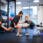 Fysiotherapeut begeleidt patiënt tijdens oefentherapie Fysiotherapeut begeleidt patiënt tijdens oefentherapie